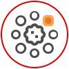 Icono rojo y naranja. Metástasis Imagen de un icono naranja y rojo que señala una metástasis tumoral
